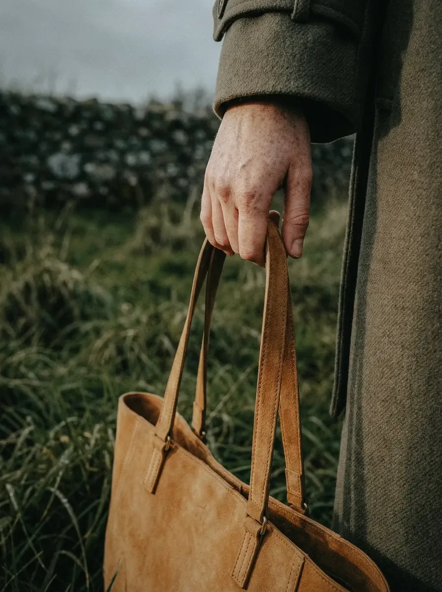 Détail anse tote bag cuir suédé main femme, création IA — Trendy Colors