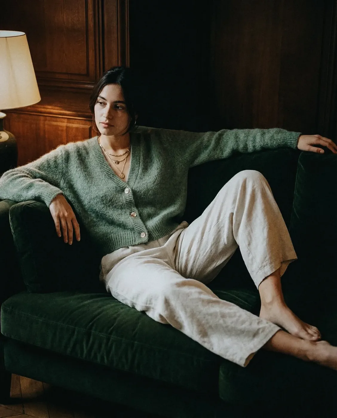 Éditorial lifestyle cardigan vert sauge, production visuelle 100% IA — Trendy Colors 2026