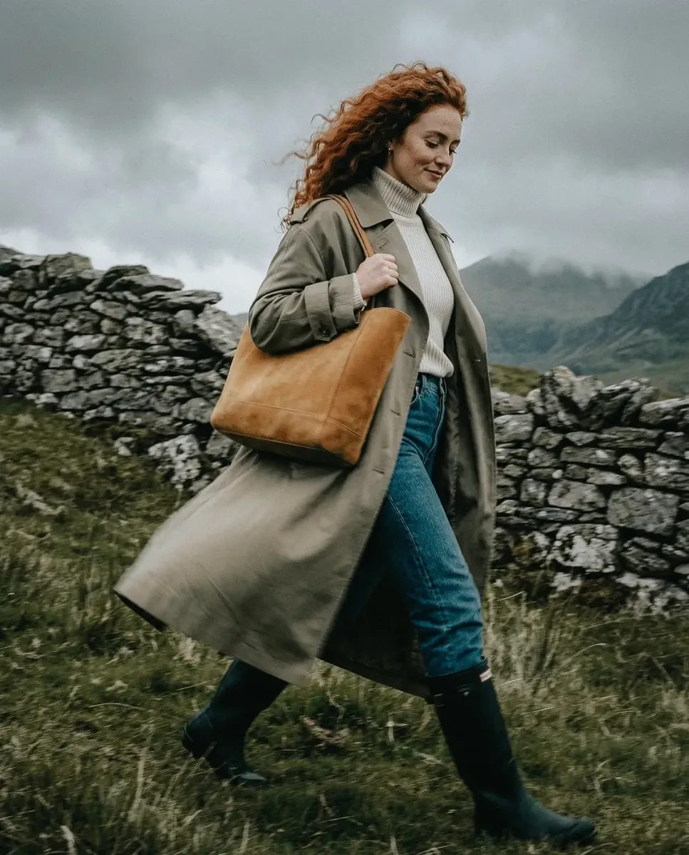 Éditorial campagne tote bag cuir suédé fauve highlands brumeux, production 100% IA — Trendy Colors 2026