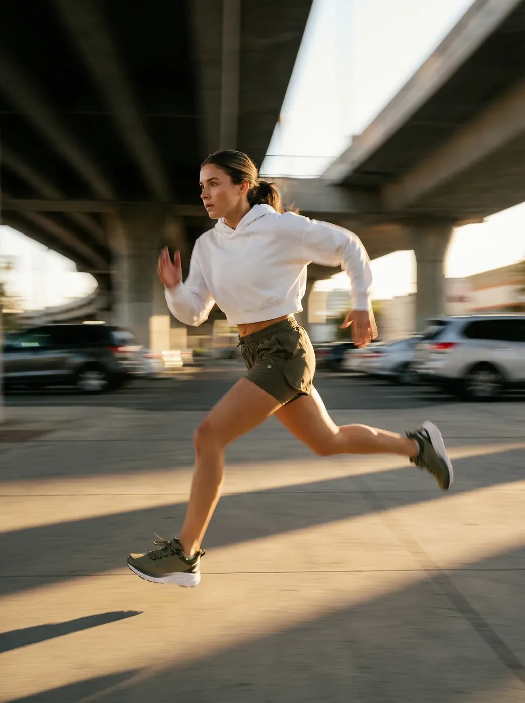 Running dynamique femme lumière dorée autopont urbain sneaker, éditorial IA — Trendy Colors