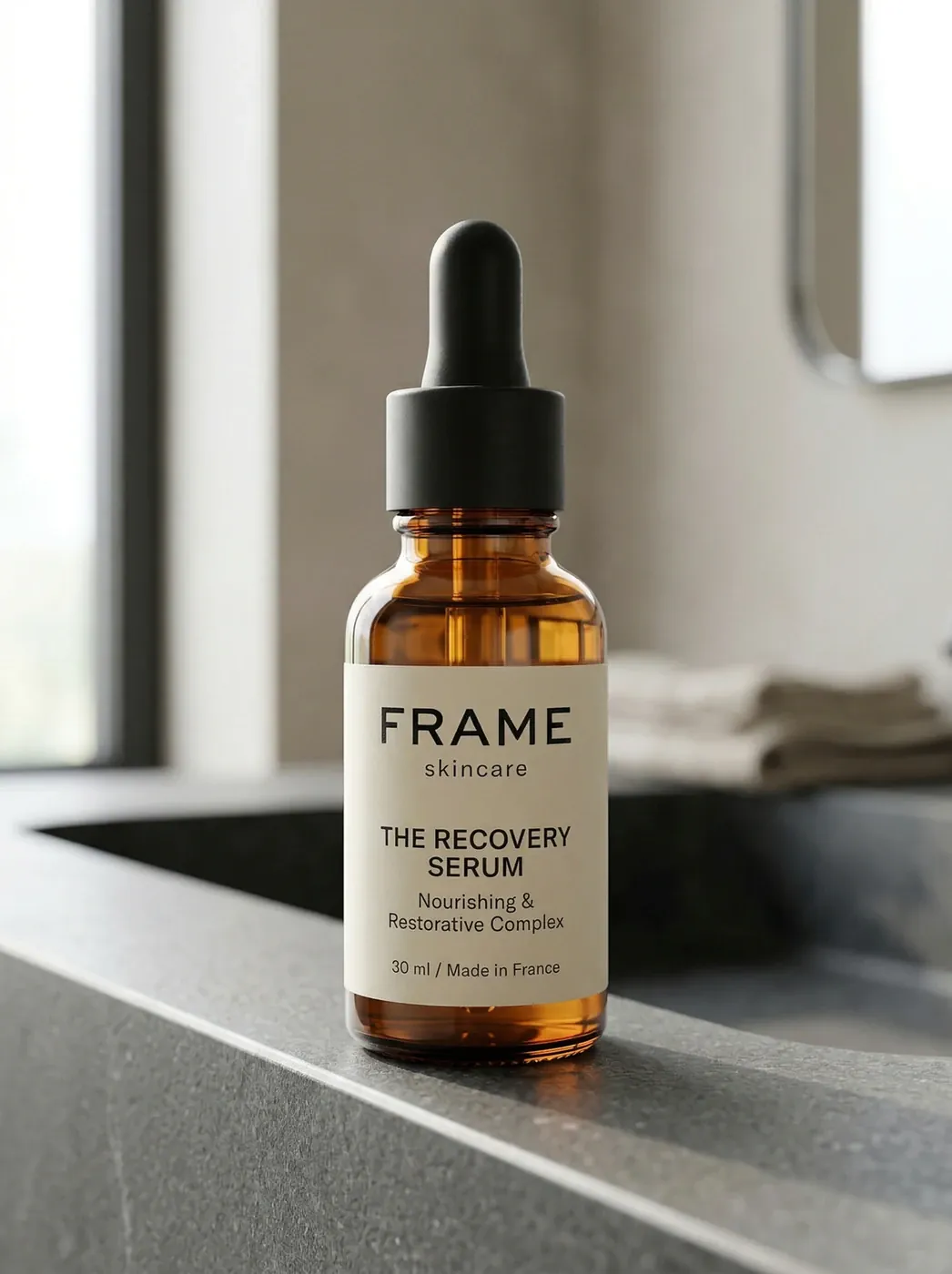 Éditorial sérum skincare flacon ambre posé sur vasque en pierre noire, lumière naturelle rasante, campagne beauté IA — Trendy Colors
