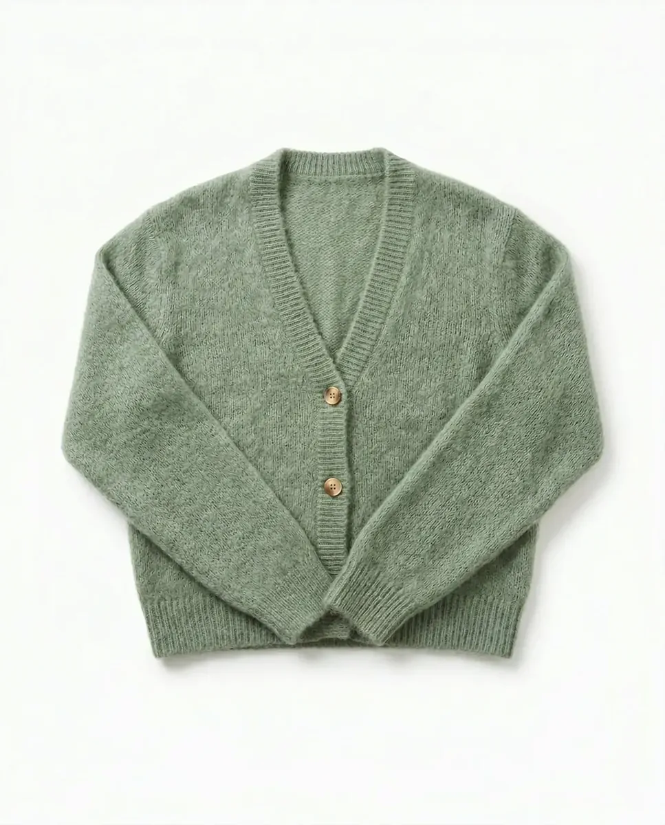 Packshot cardigan vert sauge fond blanc, généré par IA — Trendy Colors