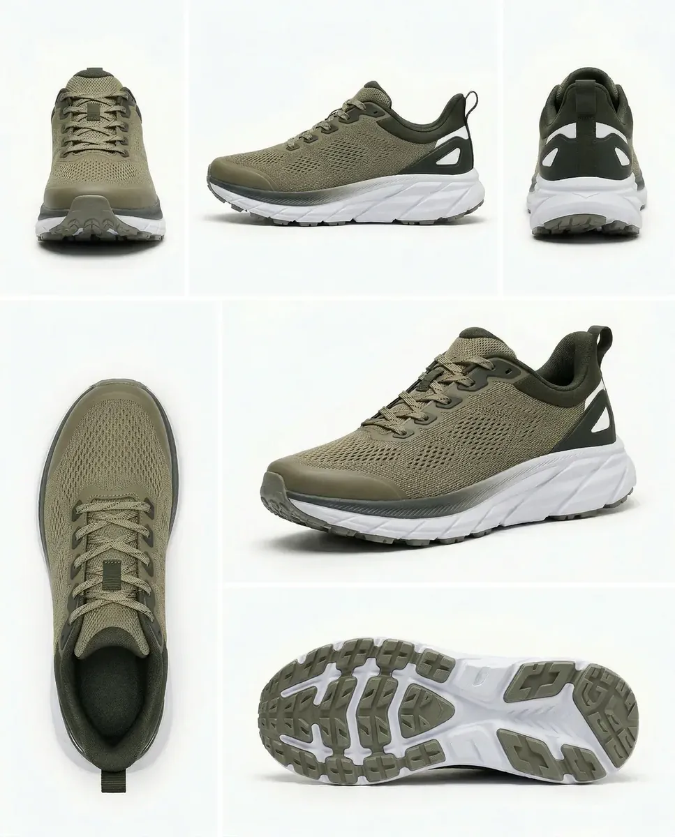 Packshot multi-angles sneaker running kaki fond blanc, grille studio 6 vues, campagne IA — Trendy Colors